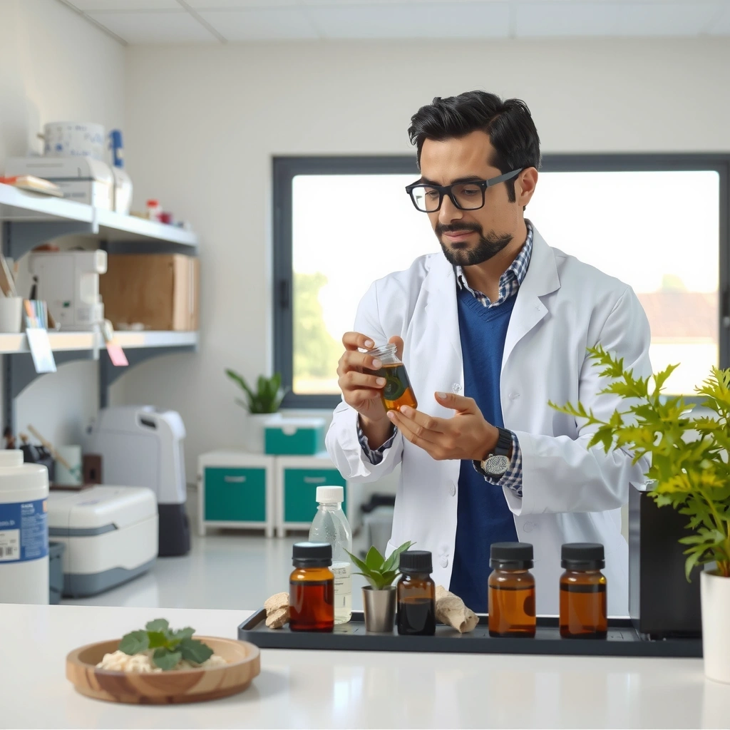 Científico examinando extractos de plantas en un laboratorio