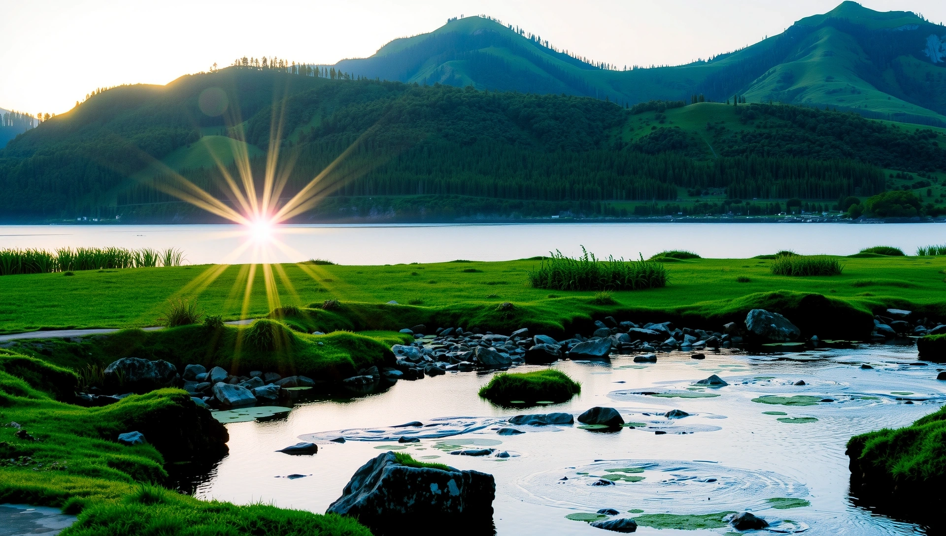 Paisaje natural sereno con elementos que simbolizan salud y bienestar