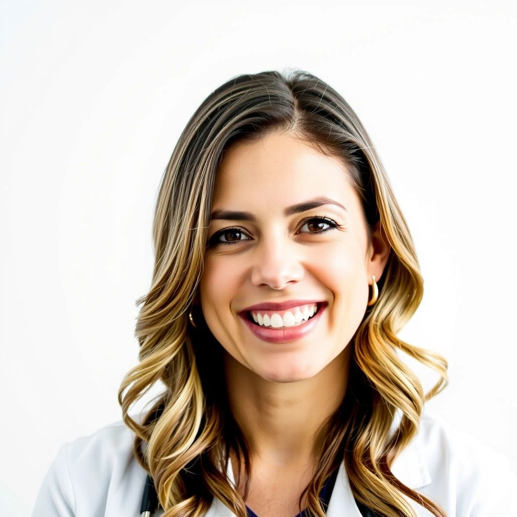 Retrato profesional de la Dra. Elena García, una nutricionista sonriente y amable.