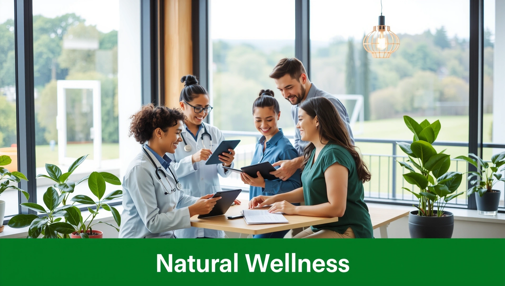 Equipo de Saludmalagalarios colaborando en una oficina moderna y luminosa con elementos naturales